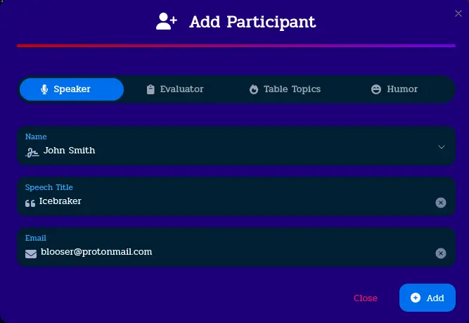 Add a speaker to the meeting by providing their name, speech title and email.