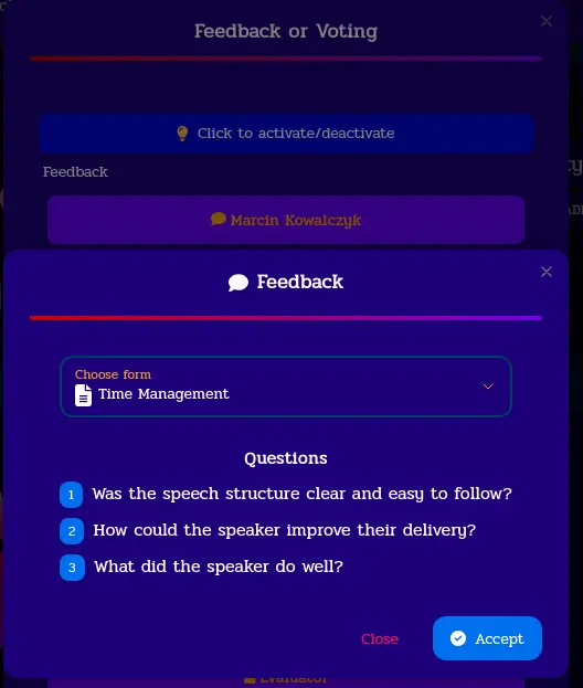 Activate the feedback or voting form.