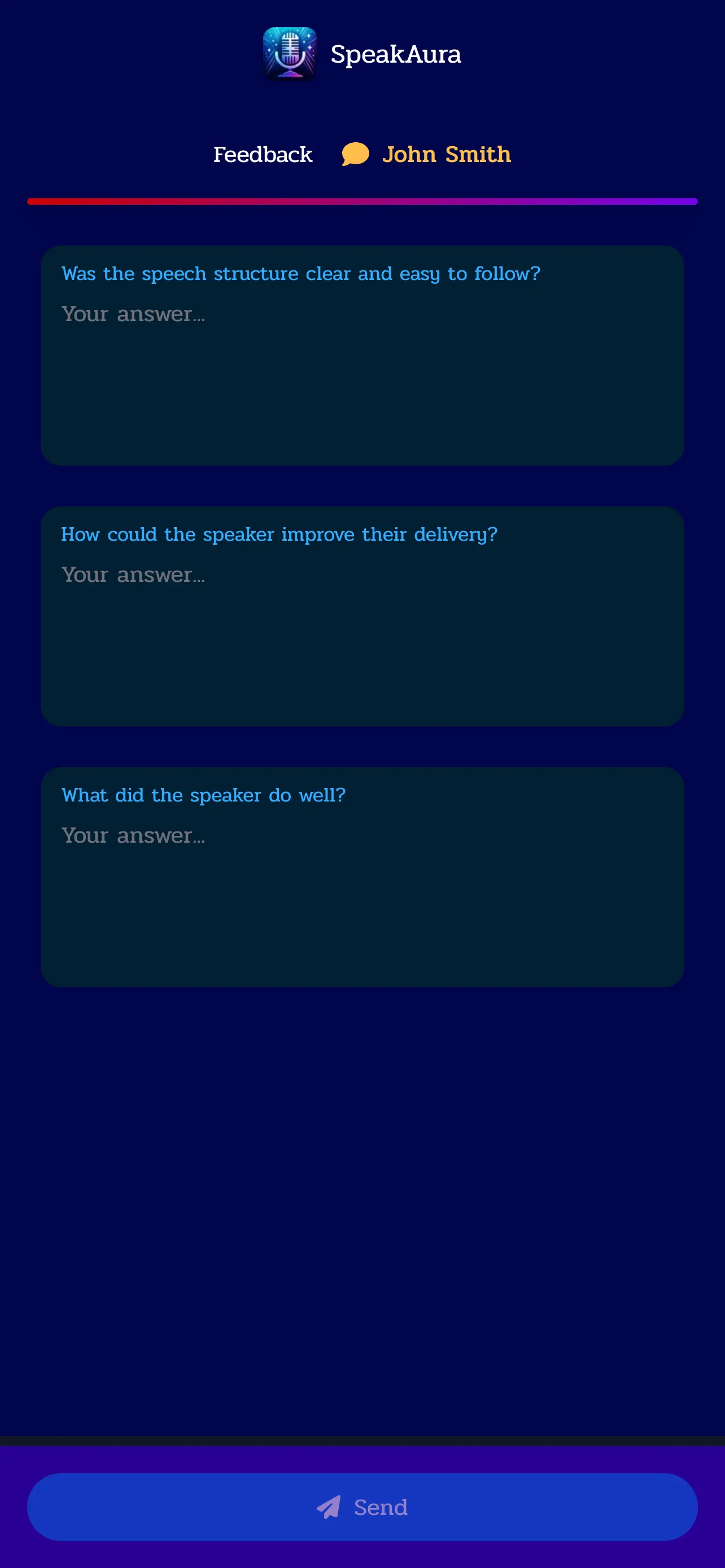 After scanning the QR code, a form will appear for meeting participants. As soon as they fill it out and send it, SpeakAura will send this feedback directly to the speaker's email after the meeting.